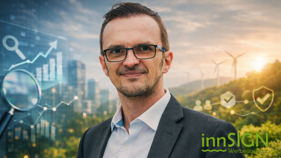 Peter Kainz, Geschäftsführer der SEO Agentur innSIGN aus Bayern, vor nachhaltigem, digitalen Hintergrund – Experte für Suchmaschinenoptimierung, Vertrauensaufbau und langfristige Online-Sichtbarkeit für Unternehmen im D-A-CH-Raum und international.